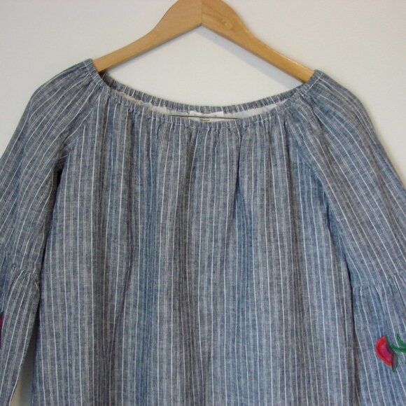 Linen Blend Striped Floral Dress Loose Embroidered Fringe BeachLunchLounge XS - Picture 2 of 13